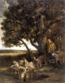 A Shepherdess with Her Flock by a Pool animalier Charles Emile Jacque